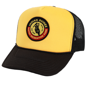 INDIAN DUNES HAT YELLOW AND BLACK WITH INDIAN DUNES MOTORCYCLE PARK ON IT